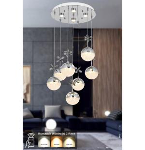 Avizemoda Forde 7'li Power Ledli Kumandalı Modern Lüks Sarkıt Avize, 3 Renk: Sarı-beyaz-gün Işığı - Krom