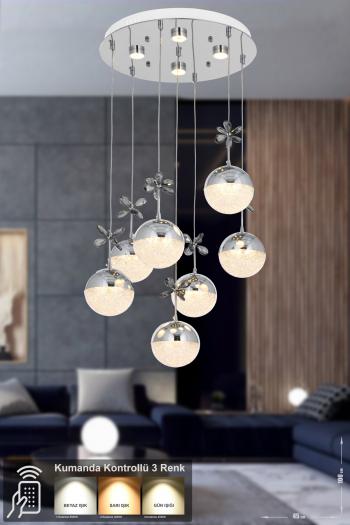 Avizemoda Forde 7'li Power Ledli Kumandalı Modern Lüks Sarkıt Avize, 3 Renk: Sarı-beyaz-gün Işığı - Krom