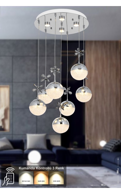 Avizemoda Forde 7'li Power Ledli Kumandalı Modern Lüks Sarkıt Avize, 3 Renk: Sarı-beyaz-gün Işığı - Krom