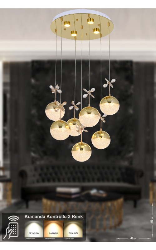 Avizemoda Forde 7'li Power Ledli Kumandalı Modern Lüks Sarkıt Avize, 3 Renk: Sarı-beyaz-gün Işığı - Gold