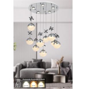 Avizemoda Forde 9'lu Power Ledli Kumandalı Modern Lüks Sarkıt Avize, 3 Renk: Sarı-beyaz-gün Işığı - Krom