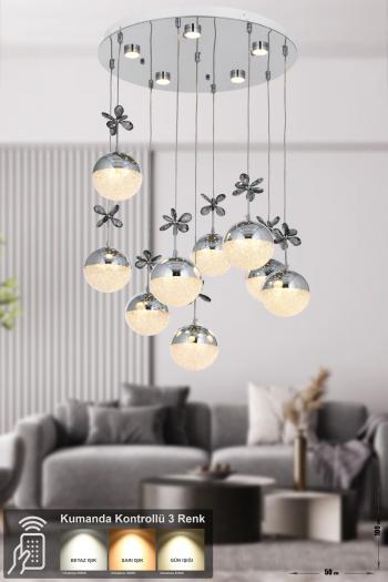 Avizemoda Forde 9'lu Power Ledli Kumandalı Modern Lüks Sarkıt Avize, 3 Renk: Sarı-beyaz-gün Işığı - Krom