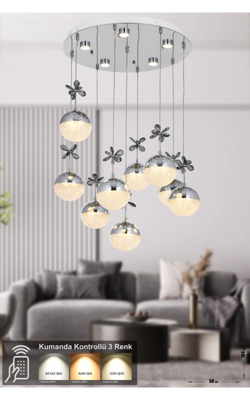 Avizemoda Forde 9'lu Power Ledli Kumandalı Modern Lüks Sarkıt Avize, 3 Renk: Sarı-beyaz-gün Işığı - Krom