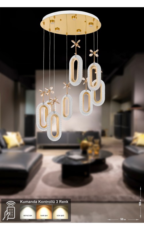 Avizemoda Sessi 8'li Power Ledli Kumandalı Modern Lüks Sarkıt Avize, 3 Renk: Sarı-beyaz-gün Işığı - Gold