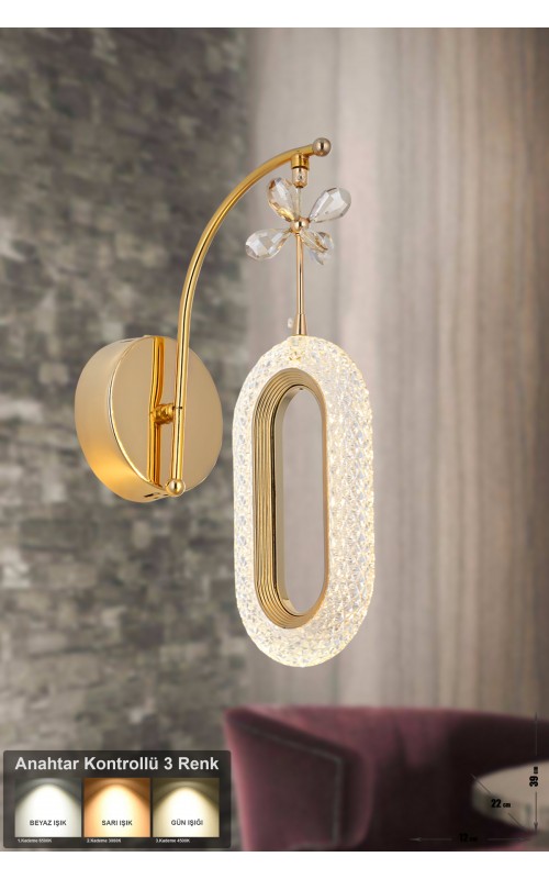 Avizemoda Sessi Power Ledli Modern Lüks Duvar Aplik, 3 Renk: Sarı-beyaz-gün Işığı - Gold