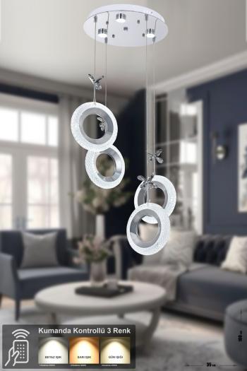 Avizemoda Ribera 4'lü Power Ledli Kumandalı Modern Lüks Sarkıt Avize, 3 Renk: Sarı-beyaz-gün Işığı - Krom