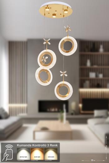 Avizemoda Ribera 4'lü Power Ledli Kumandalı Modern Lüks Sarkıt Avize, 3 Renk: Sarı-beyaz-gün Işığı - Gold