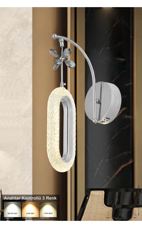 Avizemoda Sessi Power Ledli Modern Lüks Duvar Aplik, 3 Renk: Sarı-beyaz-gün Işığı - Krom