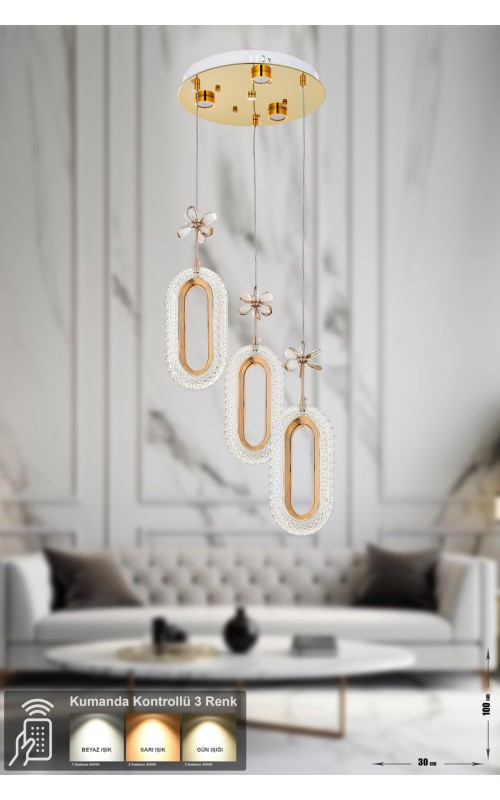 Avizemoda Sessi 3'lü Power Ledli Kumandalı Modern Lüks Sarkıt Avize, 3 Renk: Sarı-beyaz-gün Işığı - Gold