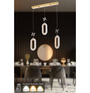 Avizemoda Sessi 3'lü Power Ledli Kumandalı Modern Yemek Masası Üstü Avize, 3 Renk: Sarı-beyaz-gün Işığı -gold