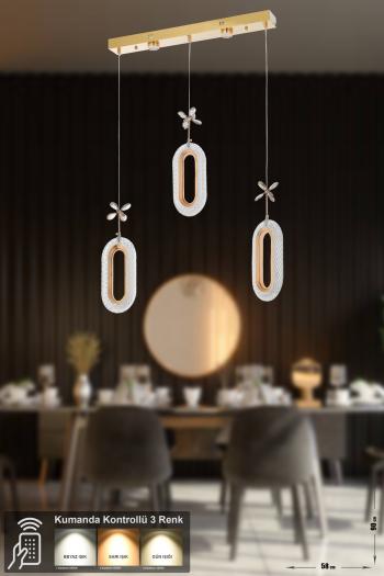 Avizemoda Sessi 3'lü Power Ledli Kumandalı Modern Yemek Masası Üstü Avize, 3 Renk: Sarı-beyaz-gün Işığı -gold
