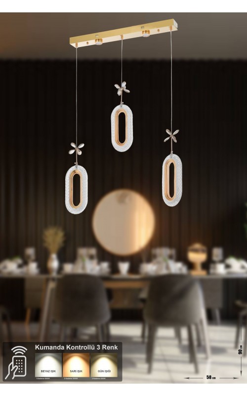 Avizemoda Sessi 3'lü Power Ledli Kumandalı Modern Yemek Masası Üstü Avize, 3 Renk: Sarı-beyaz-gün Işığı -gold