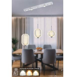 Avizemoda Torino 3'lü Power Ledli Kumandalı Modern Yemek Masası Üstü Avize, 3 Renk: Sarı-beyaz-gün Işığı-krom
