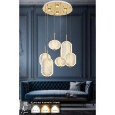Avizemoda Torino 6'li Power Ledli Kumandalı Modern Lüks Sarkıt Avize, 3 Renk: Sarı-beyaz-gün Işığı - Gold
