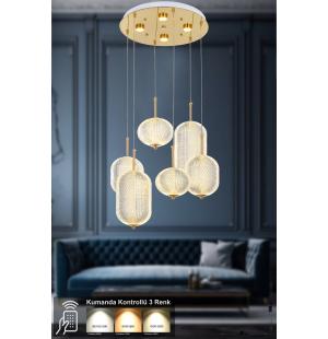 Avizemoda Torino 6'li Power Ledli Kumandalı Modern Lüks Sarkıt Avize, 3 Renk: Sarı-beyaz-gün Işığı - Gold