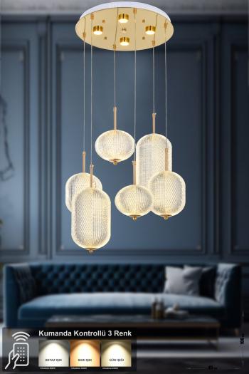 Avizemoda Torino 6'li Power Ledli Kumandalı Modern Lüks Sarkıt Avize, 3 Renk: Sarı-beyaz-gün Işığı - Gold