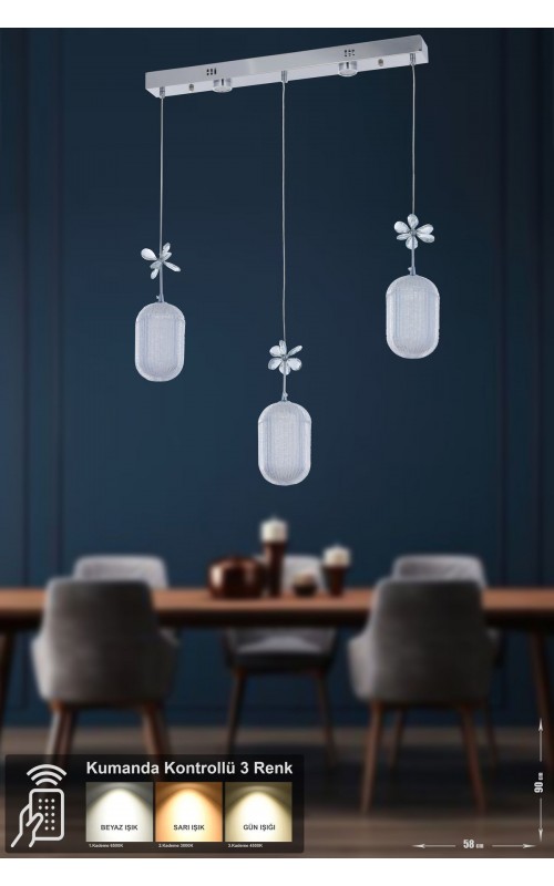 Avizemoda Motta 3'lü Power Ledli Kumandalı Modern Yemek Masası Üstü Avize, 3 Renk: Sarı-beyaz-gün Işığı -krom