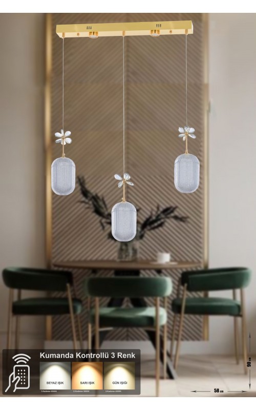 Avizemoda Motta 3'lü Power Ledli Kumandalı Modern Yemek Masası Üstü Avize, 3 Renk: Sarı-beyaz-gün Işığı -gold