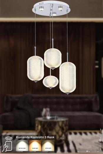 Avizemoda Torino 4'lü Power Ledli Kumandalı Modern Lüks Sarkıt Avize, 3 Renk: Sarı-beyaz-gün Işığı - Krom