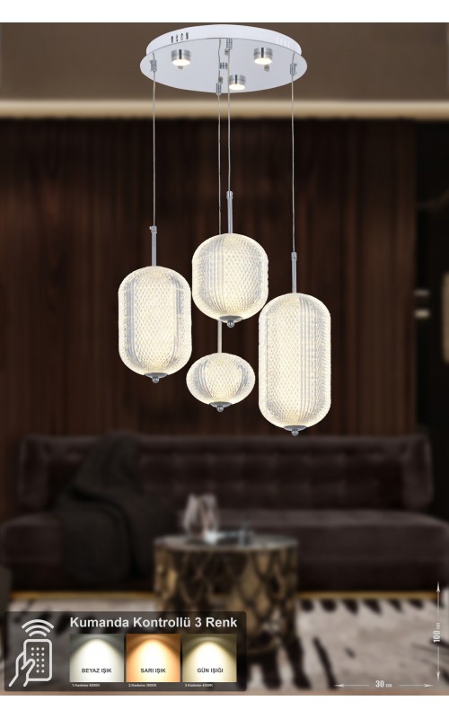 Avizemoda Torino 4'lü Power Ledli Kumandalı Modern Lüks Sarkıt Avize, 3 Renk: Sarı-beyaz-gün Işığı - Krom