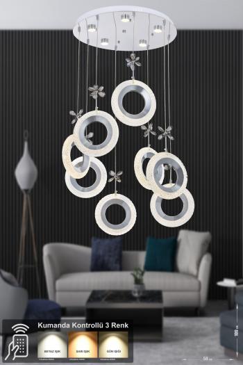 Avizemoda Ribera 8'li Power Ledli Kumandalı Modern Lüks Sarkıt Avize, 3 Renk: Sarı-beyaz-gün Işığı - Krom