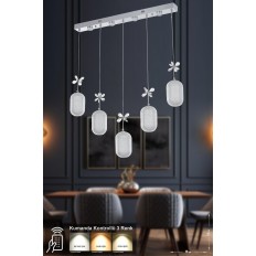 Avizemoda Motta 5'li Power Ledli Kumandalı Modern Yemek Masası Üstü Avize, 3 Renk: Sarı-beyaz-gün Işığı -krom