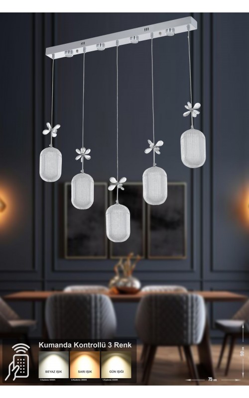 Avizemoda Motta 5'li Power Ledli Kumandalı Modern Yemek Masası Üstü Avize, 3 Renk: Sarı-beyaz-gün Işığı -krom