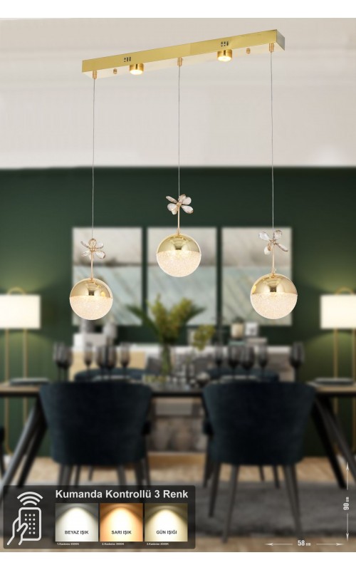 Avizemoda Forde 3'lü Power Ledli Kumandalı Modern Yemek Masası Üstü Avize, 3 Renk: Sarı-beyaz-gün Işığı -gold