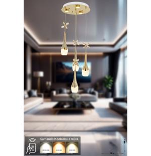 Avizemoda Lale 4'lü Power Ledli Kumandalı Modern Lüks Sarkıt Avize, 3 Renk: Sarı-beyaz-gün Işığı - Gold