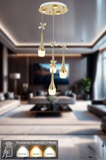 Avizemoda Lale 4'lü Power Ledli Kumandalı Modern Lüks Sarkıt Avize, 3 Renk: Sarı-beyaz-gün Işığı - Gold