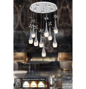 Avizemoda Lale 9'lu Power Ledli Kumandalı Modern Lüks Sarkıt Avize, 3 Renk: Sarı-beyaz-gün Işığı - Krom