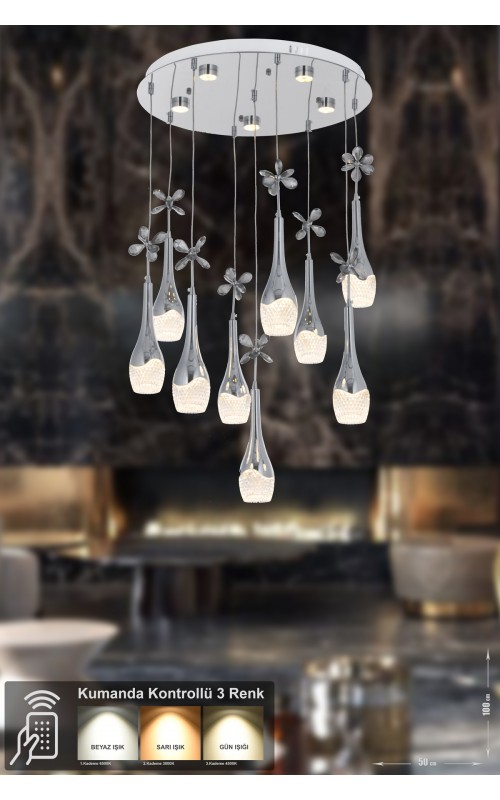 Avizemoda Lale 9'lu Power Ledli Kumandalı Modern Lüks Sarkıt Avize, 3 Renk: Sarı-beyaz-gün Işığı - Krom