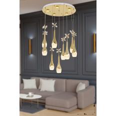 Avizemoda Lale 9'lu Power Ledli Kumandalı Modern Lüks Sarkıt Avize, 3 Renk: Sarı-beyaz-gün Işığı - Gold