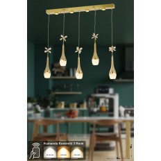 Avizemoda Lale 5'li Power Ledli Kumandalı Modern Yemek Masası Üstü Avize, 3 Renk: Sarı-beyaz-gün Işığı - Gold