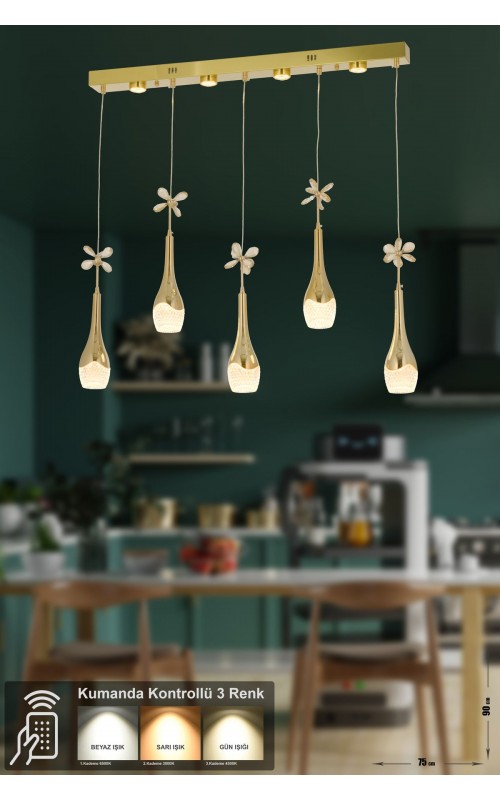 Avizemoda Lale 5'li Power Ledli Kumandalı Modern Yemek Masası Üstü Avize, 3 Renk: Sarı-beyaz-gün Işığı - Gold