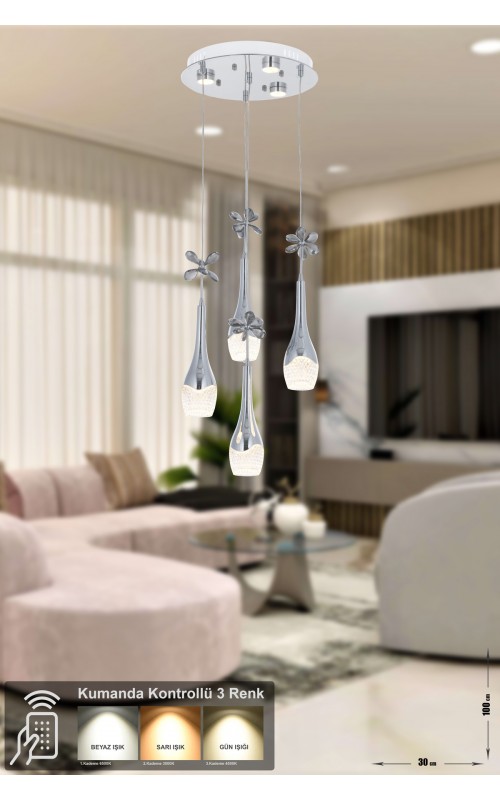 Avizemoda Lale 4'lü Power Ledli Kumandalı Modern Lüks Sarkıt Avize, 3 Renk: Sarı-beyaz-gün Işığı - Krom