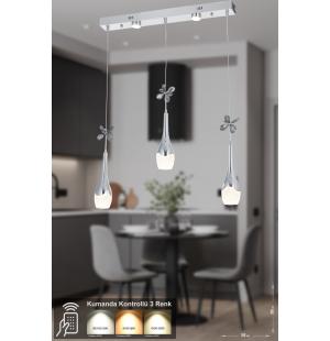 Avizemoda Lale 3'lü Power Ledli Kumandalı Modern Yemek Masası Üstü Avize, 3 Renk: Sarı-beyaz-gün Işığı - Krom