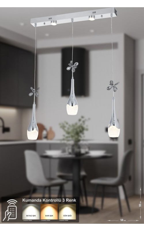 Avizemoda Lale 3'lü Power Ledli Kumandalı Modern Yemek Masası Üstü Avize, 3 Renk: Sarı-beyaz-gün Işığı - Krom