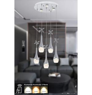 Avizemoda Lale 5'li Power Ledli Kumandalı Modern Lüks Sarkıt Avize, 3 Renk: Sarı-beyaz-gün Işığı - Krom