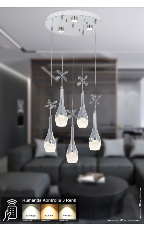Avizemoda Lale 5'li Power Ledli Kumandalı Modern Lüks Sarkıt Avize, 3 Renk: Sarı-beyaz-gün Işığı - Krom