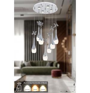 Avizemoda Lale 7'li Power Ledli Kumandalı Modern Lüks Sarkıt Avize, 3 Renk: Sarı-beyaz-gün Işığı - Krom