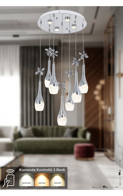 Avizemoda Lale 7'li Power Ledli Kumandalı Modern Lüks Sarkıt Avize, 3 Renk: Sarı-beyaz-gün Işığı - Krom