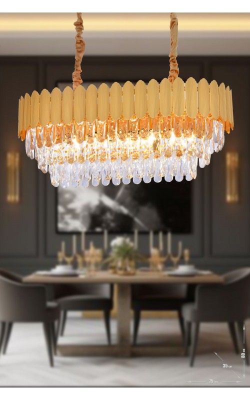 Avizemoda Rossa 75x35 Lik Kristal Prizma Taşlı Yemek Masası Üstü Lüks Avize - (SARI YALDIZ RENK)