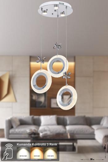 Avizemoda Ribera 3'lü Power Ledli Kumandalı Modern Lüks Sarkıt Avize, 3 Renk: Sarı-beyaz-gün Işığı - Krom