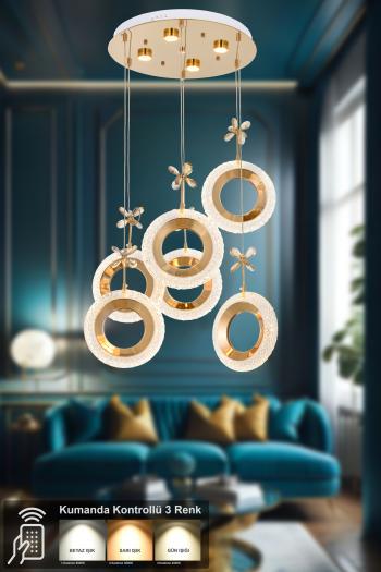 Avizemoda Ribera 6'lı Ledl Kumandalı Modern Lüks Sarkıt Avize, 3 Renk: Sarı-beyaz-gün Işığı - Gold