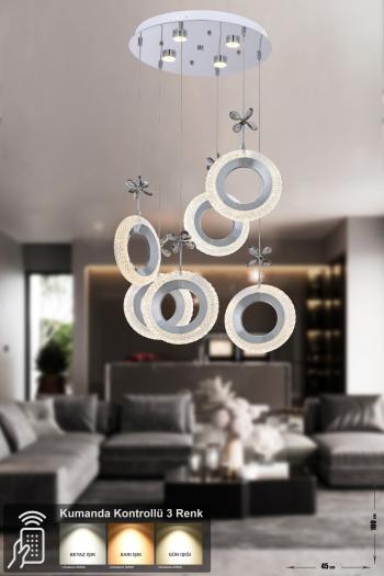 Avizemoda Ribera 6'lı Power Ledli Kumandalı Modern Lüks Sarkıt Avize, 3 Renk: Sarı-beyaz-gün Işığı - Krom