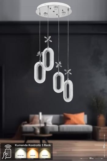 Avizemoda Sessi 4'lü Power Ledli Kumandalı Modern Lüks Sarkıt Avize, 3 Renk: Sarı-beyaz-gün Işığı - Krom