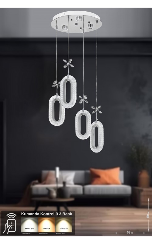 Avizemoda Sessi 4'lü Power Ledli Kumandalı Modern Lüks Sarkıt Avize, 3 Renk: Sarı-beyaz-gün Işığı - Krom