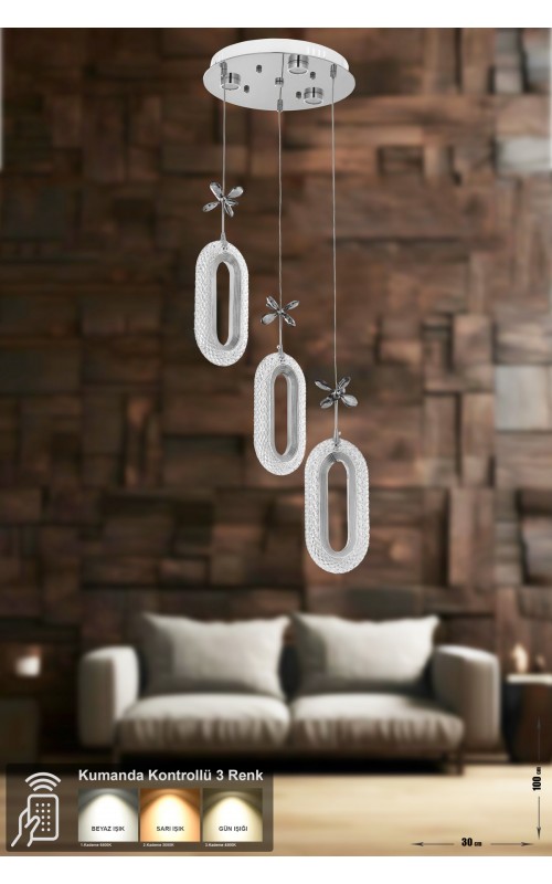 Avizemoda Sessi 3'lü Power Ledli Kumandalı Modern Lüks Sarkıt Avize, 3 Renk: Sarı-beyaz-gün Işığı - Krom