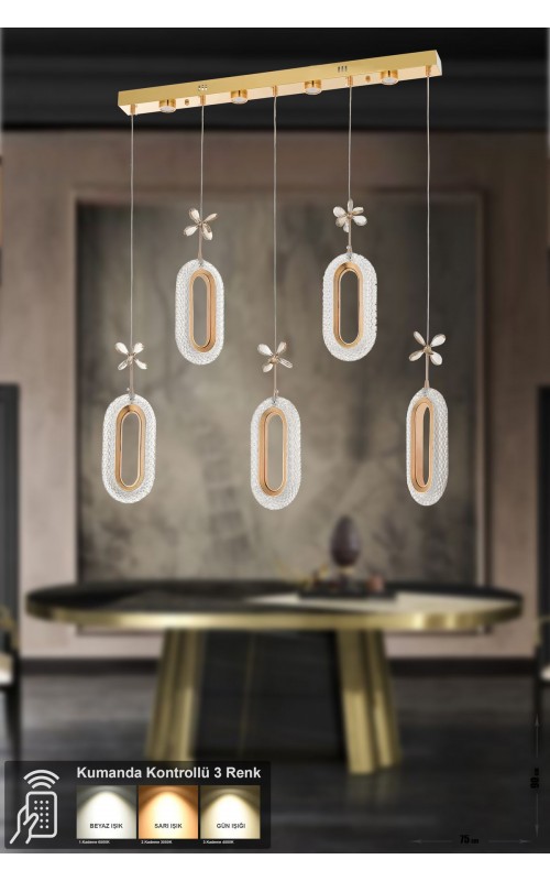 Avizemoda Sessi 5'li Power Ledli Kumandalı Modern Yemek Masası Üstü Avize, 3 Renk: Sarı-beyaz-gün Işığı -gold